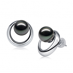 9-10mm AAA Quality Tahitian Cultured Pearl Earring Pair in Rising Sun Black