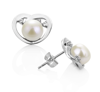7-8mm AA Quality Freshwater Cultured Pearl Earring Pair in Katie Heart White