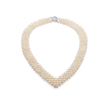 3-4mm AA Quality Freshwater Cultured Pearl Necklace in V-Neck White
